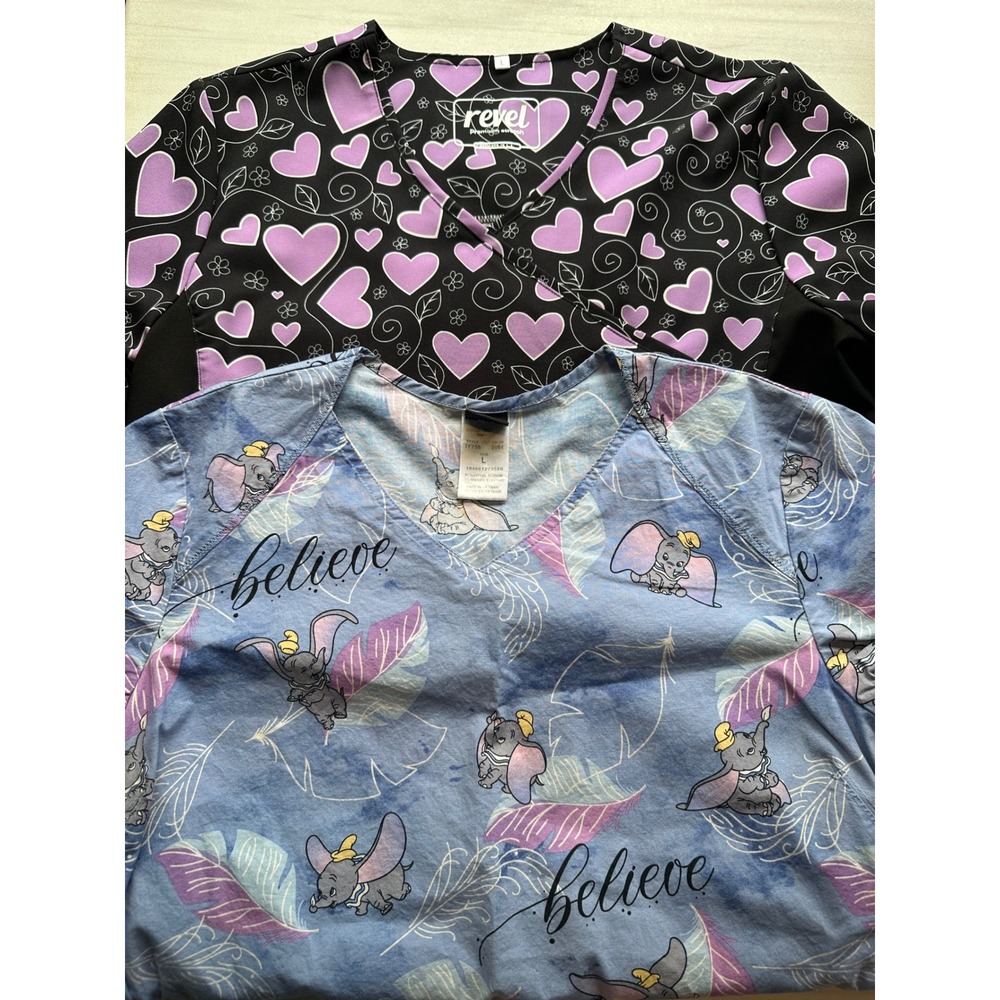 Disney Dumbo & Revel Heart Scrub Tops Bundle Womens Large V-Neck Medical Nursing